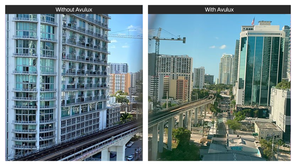 split screen of city scape - without avulux shows harsh color but avulux shows tone without disortion 